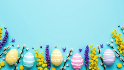 Decorative Easter eggs and spring blossoms arranged on a pastel background for seasonal themes