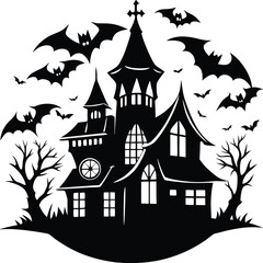 Spooky Haunted House with Bats Flying Under the Moonlight in Monochrome Silhouette Style