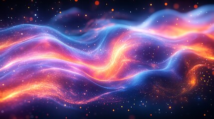 A floating tapestry of interwoven glowing threads, shifting colors dynamically as they pulse with unseen energy. The intricate threads form ever-changing abstract patterns of cosmic beauty.