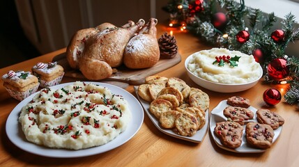 Christmas leftovers feast cozy kitchen scene with leftover turkey mashed potatoes and holiday treats arranged on a wooden table