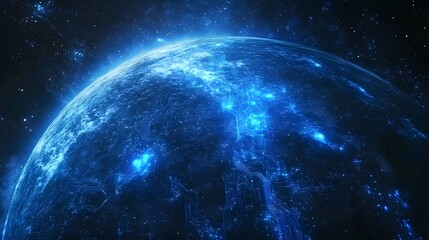 Obraz premium Mystical Blue Planet: A mesmerizing, photo-realistic portrayal of an illuminated celestial body adrift in the cosmic expanse, bathed in an ethereal azure glow.