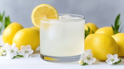 Fototapeta premium A refreshing glass of lemonade with ice and lemon slice, surrounded by fresh lemons and white flowers, bright and sunny composition, and summer drink concept.