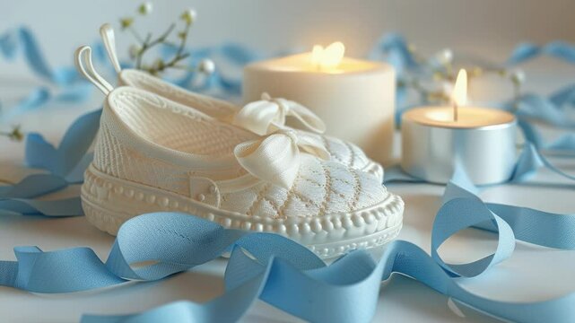This uplifting occasion showcases a beautiful baptism setup with soft pastel decorations. The charming baby shoes sit amidst candles and ribbons, creating a serene atmosphere filled with joy