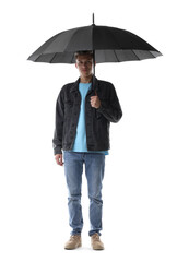 Man with black umbrella on white background
