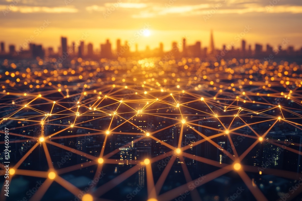 Poster interconnected digital nodes with glowing lines in a cityscape, symbolizing global technology links