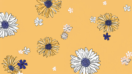 Daisies scattered decorate bright yellow floral botanical background pattern