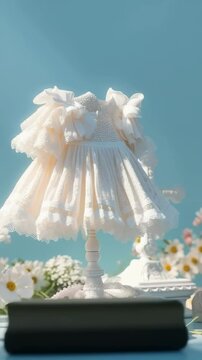 A beautifully arranged scene showcasing an exquisite baptism dress alongside a white cross and fresh flowers