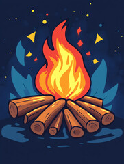 Colorful Cartoon Campfire Illustration with Logs and Flames