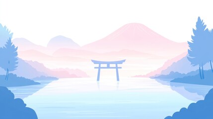 Serene sunrise Fuji vista, torii gate lake, pastel landscape, travel poster