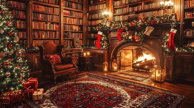 Christmas library interior antique wooden bookshelf cozy reading chair roaring fireplace warm candlelight glow vintage holiday decorations - Powered by Adobe