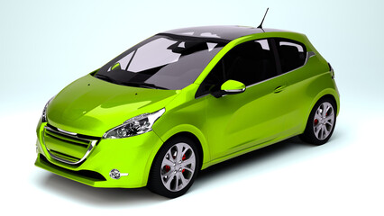 Green city coupe car on white background