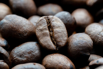 Extreme close-up of roasted coffee beans showing detailed texture, rich brown color, and natural oils, emphasizing freshness and quality.