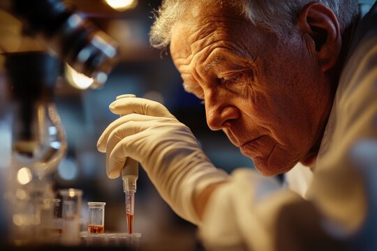 Senior scientist meticulously pipetting a sample in a laboratory setting, focused on precision.