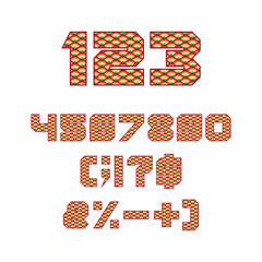 Font, numbers and signs with chinese fish scales. Isolated vector objects on white background.