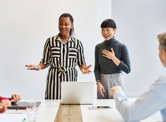 business meeting businesswoman office teamwork woman introduction greeting employee new colleague...