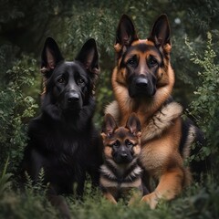 German Shepherds Family Portrait: A loving family of German Shepherds is captured in a heartwarming portrait. The close-knit trio exudes loyalty and affection amidst lush greenery.