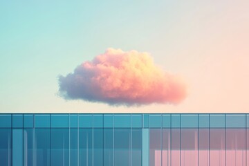 A serene scene  a single cloud above a glass building with a gradient sky of pink and orange hues