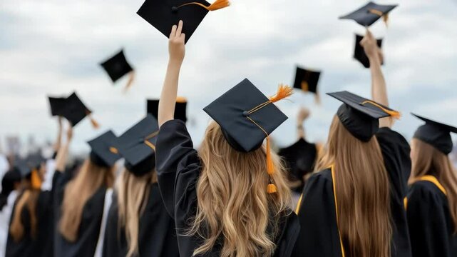 Back view of a group of students wearing graduation caps and gowns are celebrating their graduation.