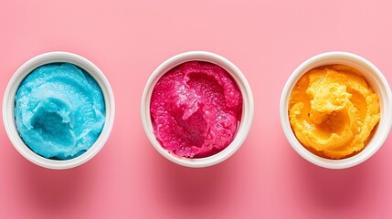 Chaotic splash of vibrant fruit based dips in shades of magenta electric blue and citrus orange