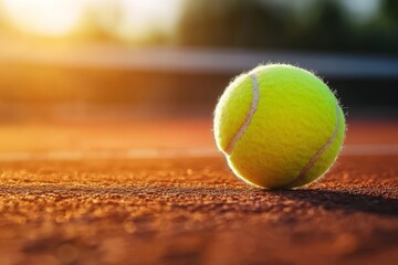 Tennis ball on court with sunlit background  ideal sports concept banner with text space