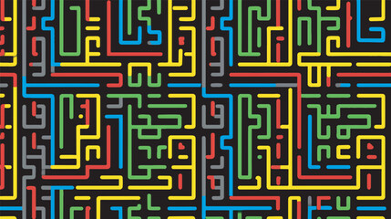 Colorful lines interweave forming geometric maze pattern on black background