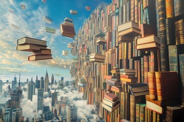 A boundless sky of floating books over a cityscape a fantasy digital painting adventure