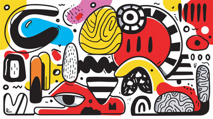 Abstract shapes interact visually within a colorful doodle composition