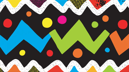 Colorful shapes zigzag abstractly against dark backdrop design
