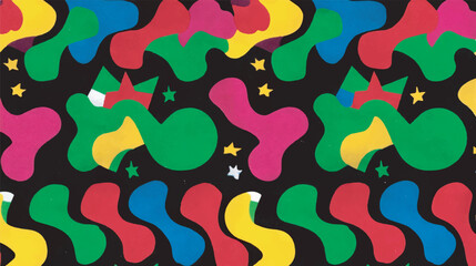 Abstract shapes dance within intricate colourful background designs