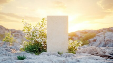 Empty rectangular display amidst blossoming plants on rocky terrain at sunset