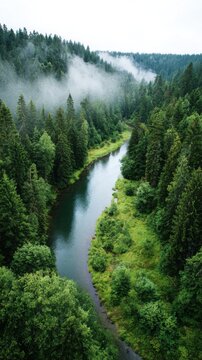 Aerial view of river winding through dense misty forest