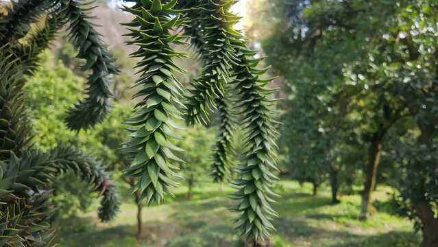 Dense and prickly leaves of an ancient Araucaria tree species, a rare evergreen conifer.
