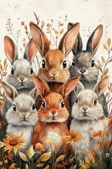 Fototapeta premium Adorable collection of bunnies surrounded by floral accents in a charming scene