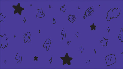 Doodle icons float across vibrant solid blue background pattern design
