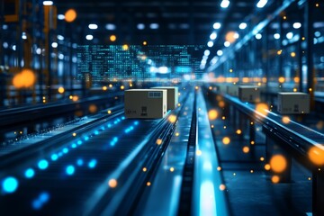 Dynamic warehouse scene with moving boxes, subway data overlay, and medical product insights