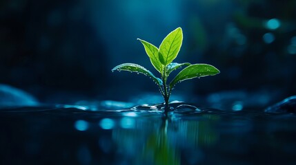 A small green plant with water droplets growing in water against a dark blue blurred background