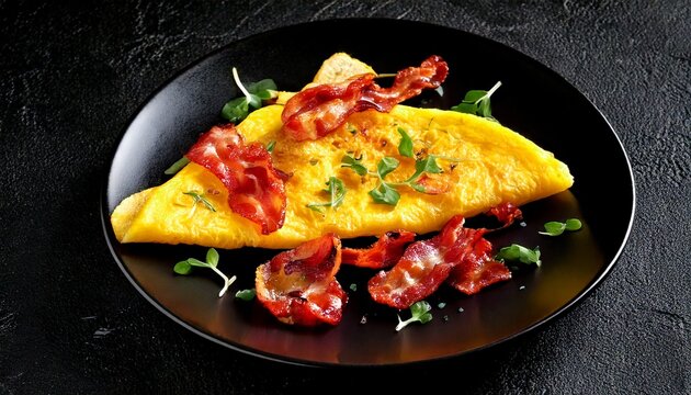 omelete delicioso com bacon e temperos sobre fundo preto