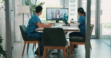 Nurse, team and screen with virtual meeting in hospital boardroom for medical training and healthcare presentation. Notes, people and video call with mentor for online consulting and health support