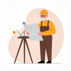 Elderly architect reviewing blueprints at a drafting table - старший архитектор, смотрящий чертежи, за рабочим столом, с нейтральным фоном.  