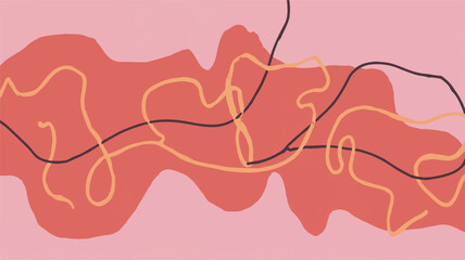 Abstract shapes overlay red field on pink backdrop illustration