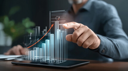 Close-up view of a person&rsquo;s hands typing on a laptop computer while futuristic holographic charts and analytical data appear. working on digital reports. advanced technology, analysis, intelligence