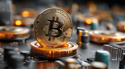 Close up of golden bitcoin coin. Digital cryptocurrency virtual money. Blockchain modern technology. P2P bitcoin network. BTC logo. Mining and investment concept