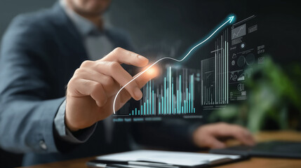 Close-up view of a person’s hands typing on a laptop computer while futuristic holographic charts and analytical data appear. working on digital reports. advanced technology, analysis, intelligence