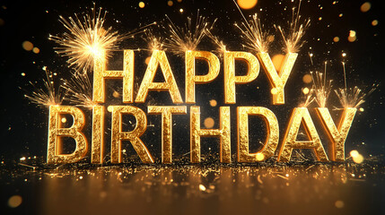 Golden Happy Birthday text with sparkling fireworks and glittering particles on a dark background. Perfect for birthday greetings, celebration designs, and festive invitations