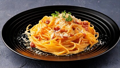 delicioso prato de macarr&atilde;o com queijo em fundo preto