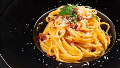 delicioso prato de macarrão com queijo em fundo preto