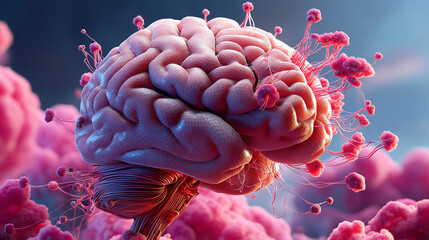 Realistic 3D visualization of a human brain with red blood vessels on a futuristic background. Concept related to neuroscience, medicine, artificial intelligence, and scientific innovation
