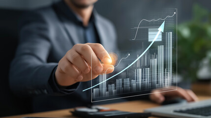 Close-up view of a person’s hands typing on a laptop computer while futuristic holographic charts and analytical data appear. working on digital reports. advanced technology, analysis, intelligence