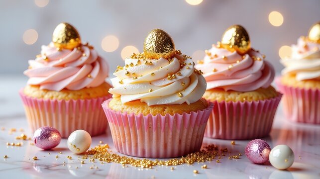 glamorous Easter cupcakes with sparkling glitter frosting, gold-dusted chocolate eggs, edible pearls, holographic wrappers, neon pastel colors, styled on a reflective surface with bokeh lights in the 