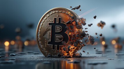 Close up of golden bitcoin coin. Digital cryptocurrency virtual money. Blockchain modern technology. P2P bitcoin network. BTC logo. Mining and investment concept